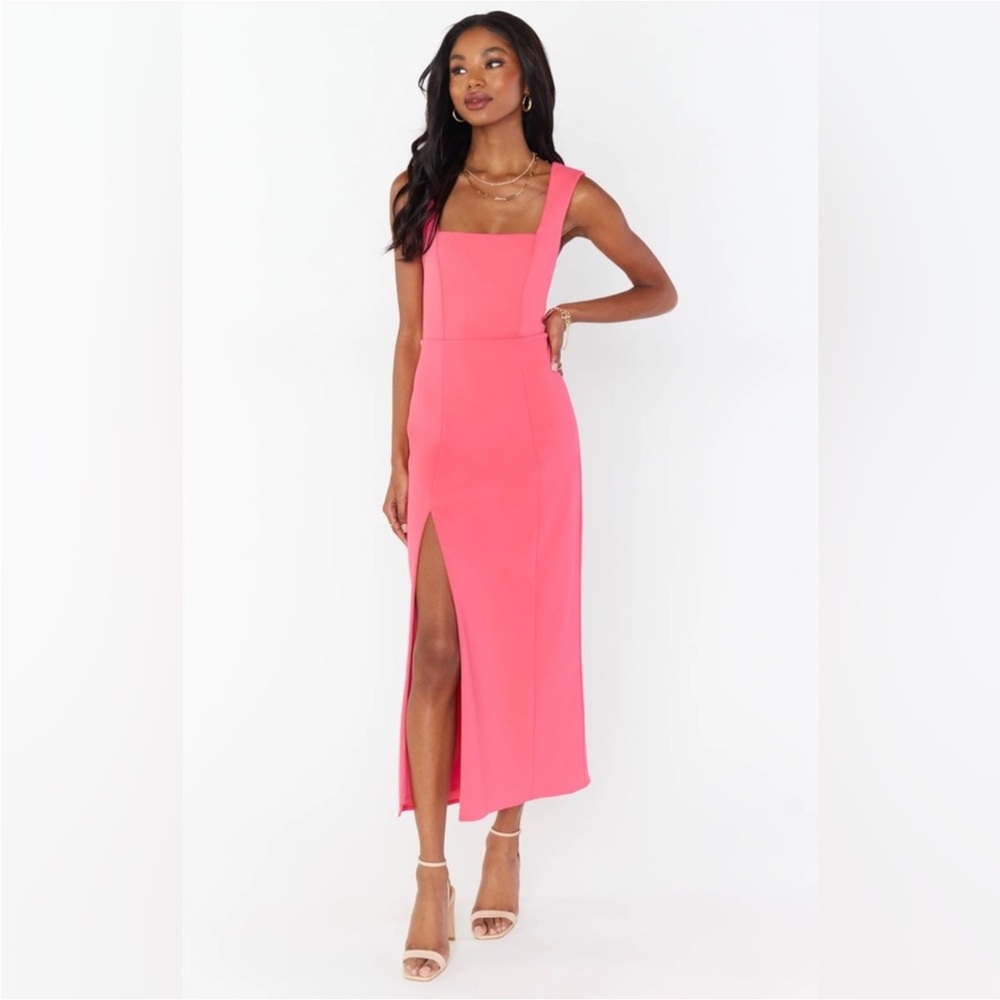 Show Me Your MuMu Coral-Pink Square Neck Midi Dress with Side Slit